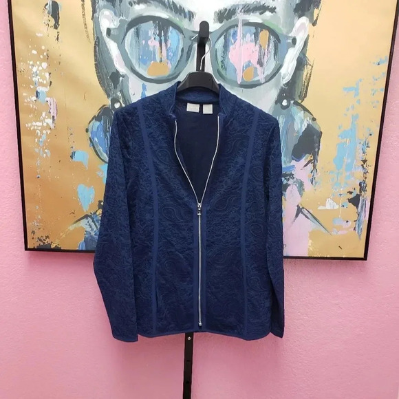 Chico's Jackets & Blazers - Chico's Zenergy Navy Blue Lace Embellished Zip Front Jacket